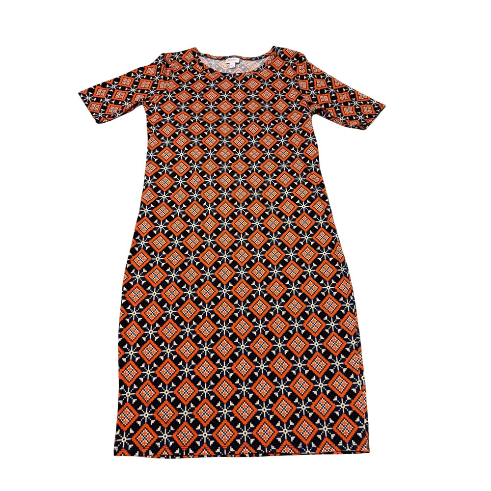 LuLaRoe Julia Dress Large Orange Navy Blue Geometric Diamond Print Midi NWT #156
